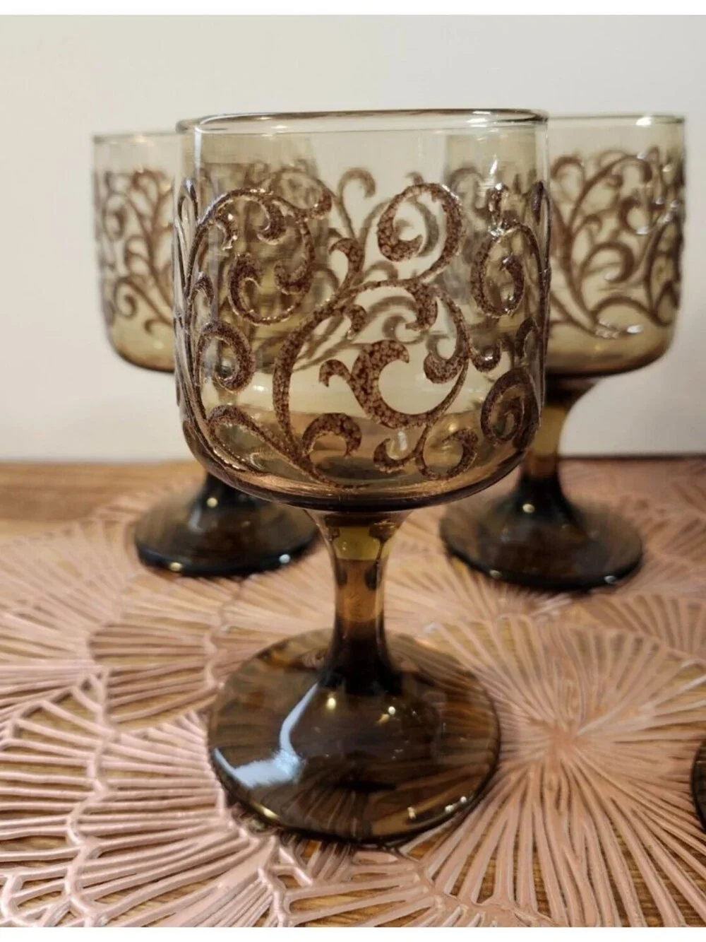 Libbey Prado Tawny Brown Raised Scroll Vintage Wine Water Goblets